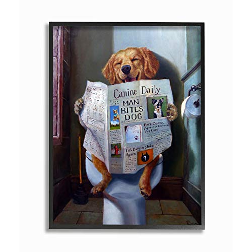 Stupell Industries Dog Reading the Newspaper On Toilet Funny Painting Framed Giclee Art Design By Artist Lucia Heffernan