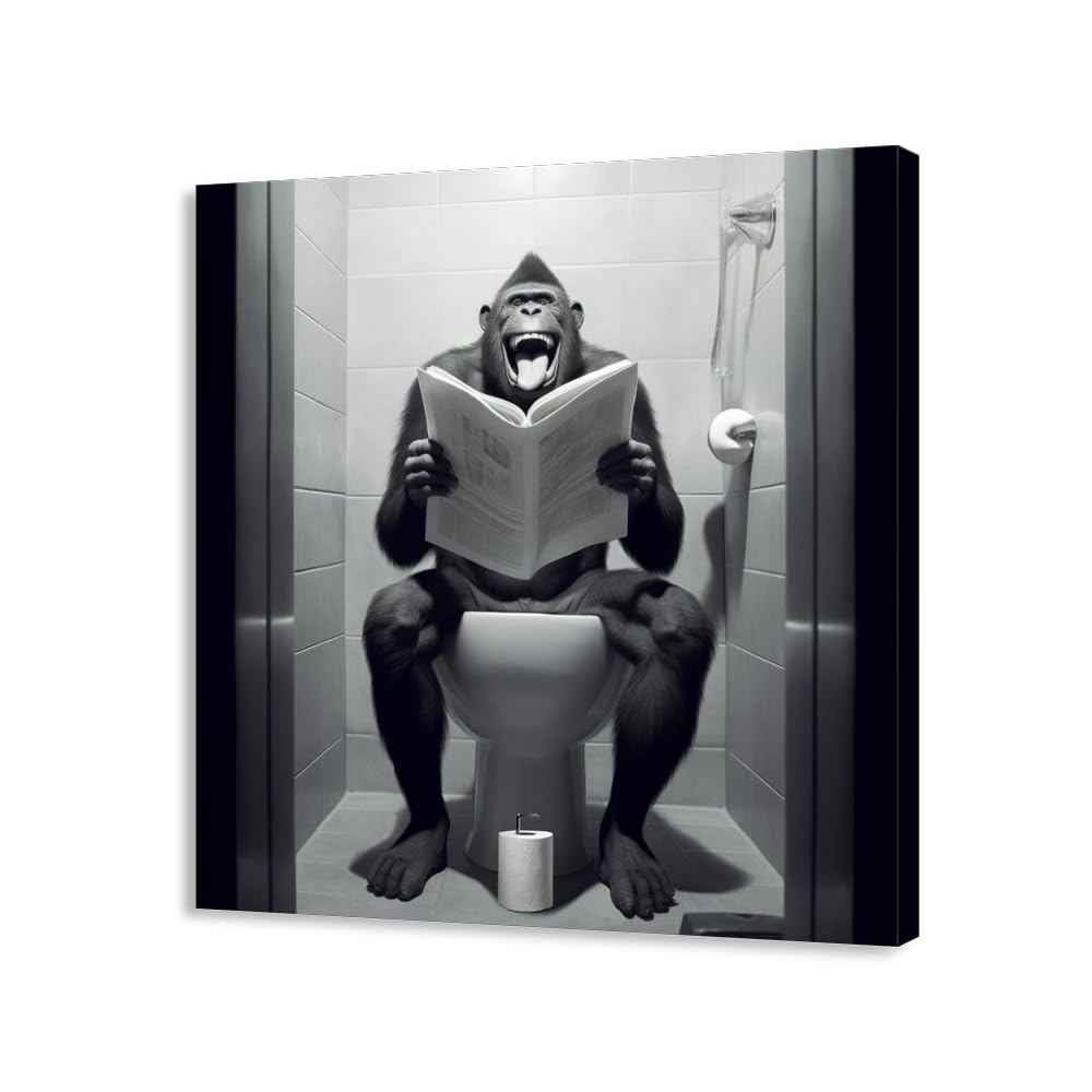 Funny Black and White Monkey Canvas Art - 12x12 Inch Framed Animal Bathroom Wall Art - Monkey Sitting on Toilet Reading Newspaper - Whimsical Kids Bathroom Picture Wall Decor Modern Painting