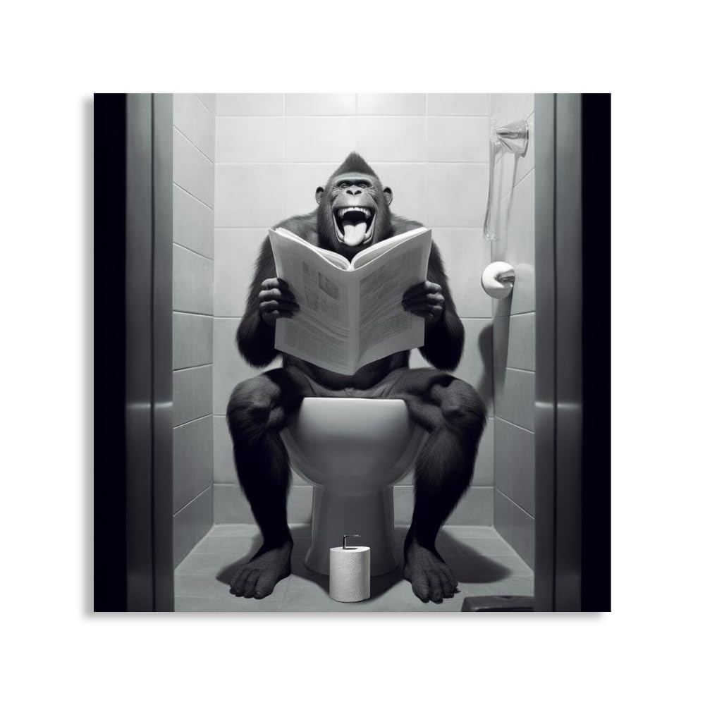 Funny Black and White Monkey Canvas Art - 12x12 Inch Framed Animal Bathroom Wall Art - Monkey Sitting on Toilet Reading Newspaper - Whimsical Kids Bathroom Picture Wall Decor Modern Painting