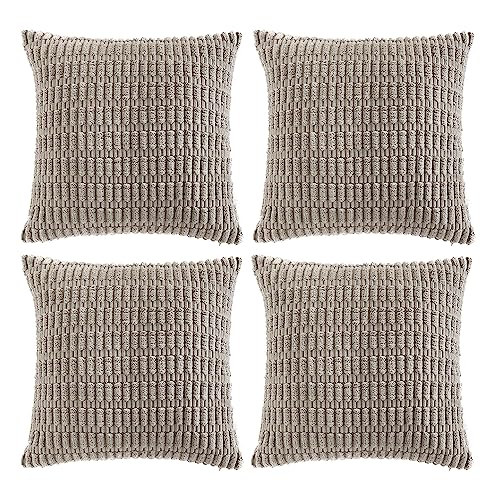 Fancy Homi 4 Packs Neutral Decorative Throw Pillow Covers 18x18 Inch for Living Room Couch Bed Sofa, Rustic Farmhouse Boho Home Decor, Soft Plush Striped Corduroy Square Cushion Case 45x45 cm