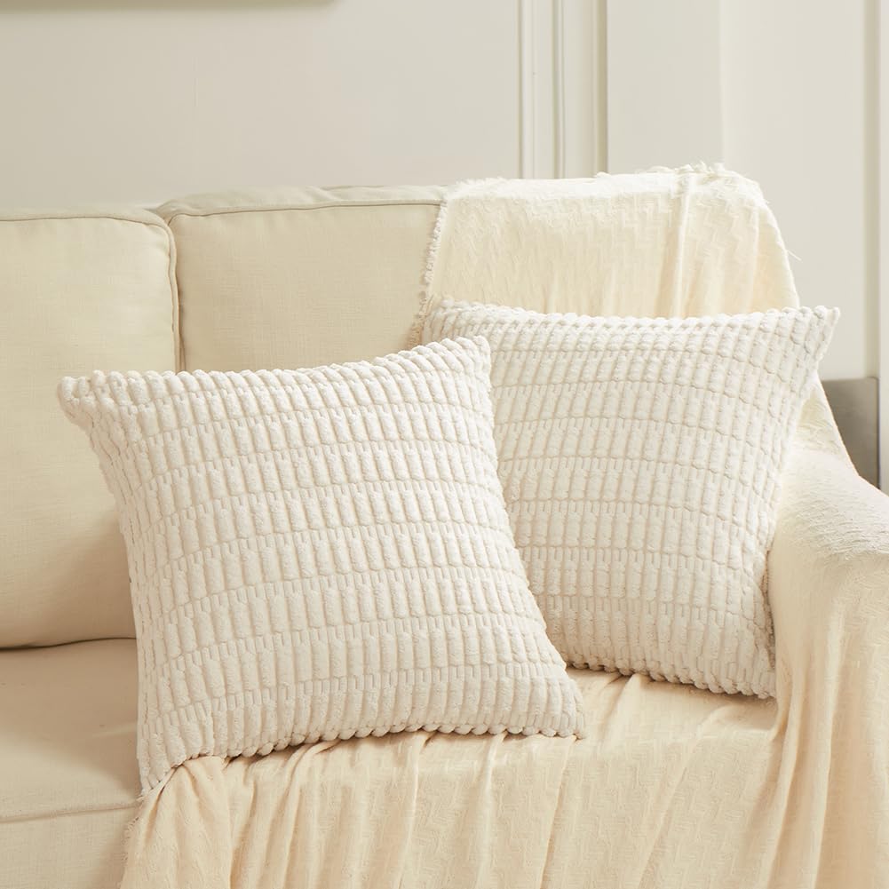 Fancy Homi 4 Packs Neutral Decorative Throw Pillow Covers 18x18 Inch for Living Room Couch Bed Sofa, Rustic Farmhouse Boho Home Decor, Soft Plush Striped Corduroy Square Cushion Case 45x45 cm