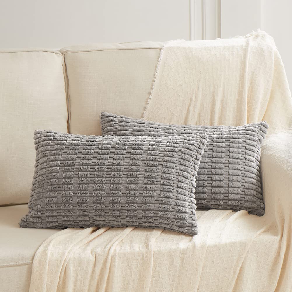 Fancy Homi 4 Packs Neutral Decorative Throw Pillow Covers 18x18 Inch for Living Room Couch Bed Sofa, Rustic Farmhouse Boho Home Decor, Soft Plush Striped Corduroy Square Cushion Case 45x45 cm