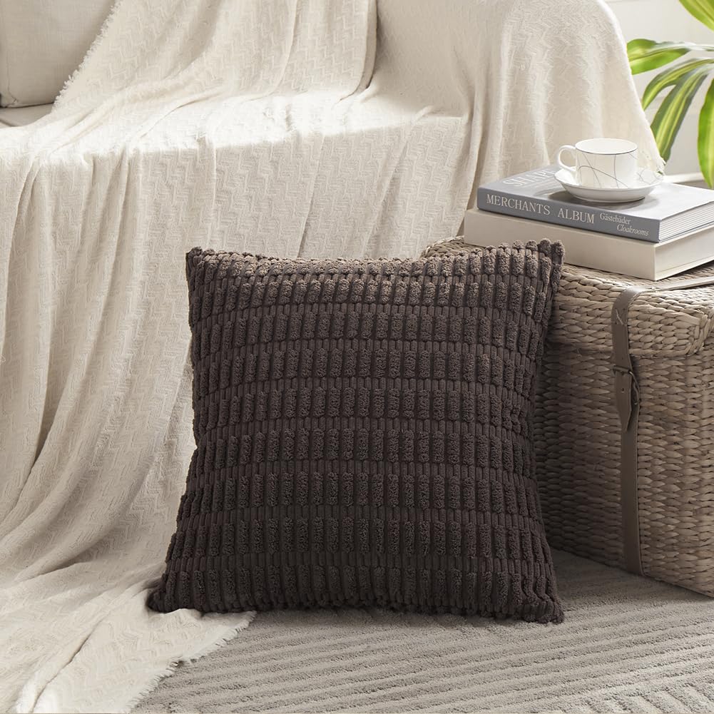 Fancy Homi 4 Packs Neutral Decorative Throw Pillow Covers 18x18 Inch for Living Room Couch Bed Sofa, Rustic Farmhouse Boho Home Decor, Soft Plush Striped Corduroy Square Cushion Case 45x45 cm