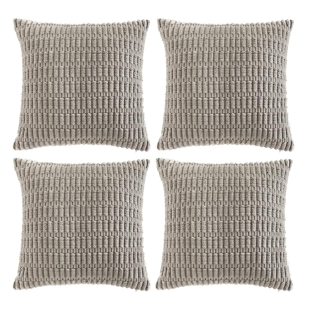 Fancy Homi 4 Packs Neutral Decorative Throw Pillow Covers 18x18 Inch for Living Room Couch Bed Sofa, Rustic Farmhouse Boho Home Decor, Soft Plush Striped Corduroy Square Cushion Case 45x45 cm