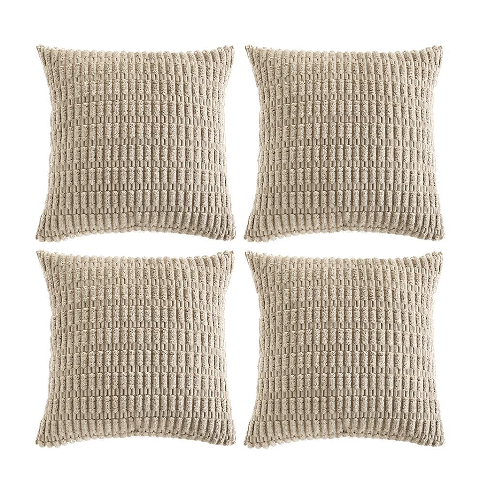 Fancy Homi 4 Packs Neutral Decorative Throw Pillow Covers 18x18 Inch for Living Room Couch Bed Sofa, Rustic Farmhouse Boho Home Decor, Soft Plush Striped Corduroy Square Cushion Case 45x45 cm