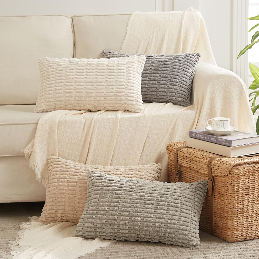 Fancy Homi 4 Packs Neutral Decorative Throw Pillow Covers 18x18 Inch for Living Room Couch Bed Sofa, Rustic Farmhouse Boho Home Decor, Soft Plush Striped Corduroy Square Cushion Case 45x45 cm