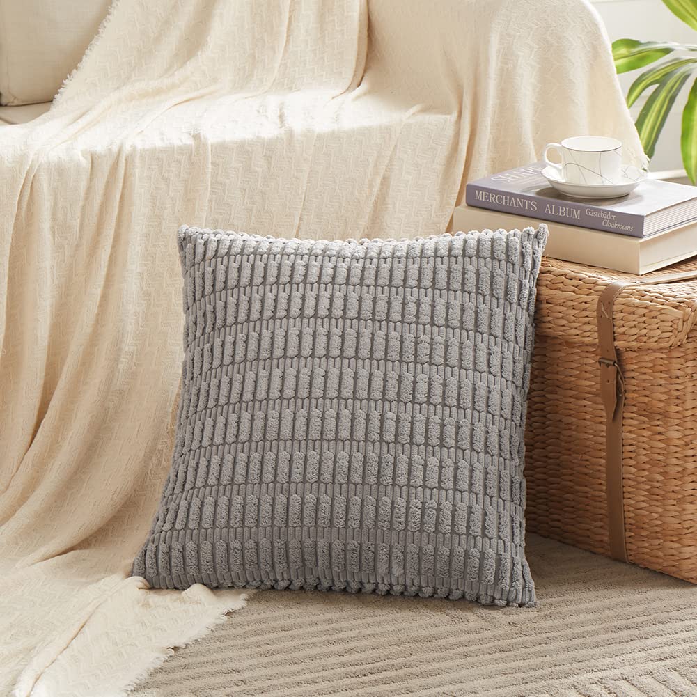 Fancy Homi 4 Packs Neutral Decorative Throw Pillow Covers 18x18 Inch for Living Room Couch Bed Sofa, Rustic Farmhouse Boho Home Decor, Soft Plush Striped Corduroy Square Cushion Case 45x45 cm