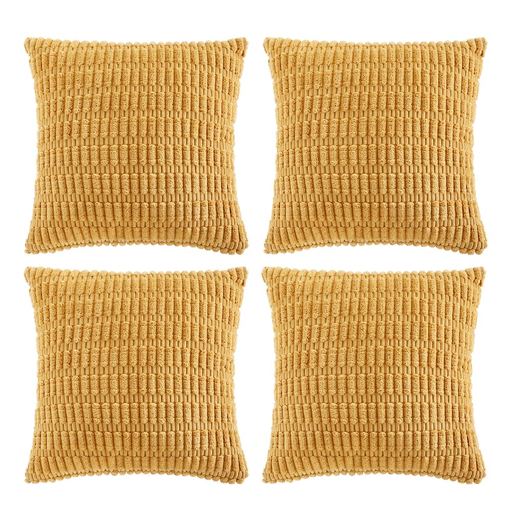 Fancy Homi 4 Packs Neutral Decorative Throw Pillow Covers 18x18 Inch for Living Room Couch Bed Sofa, Rustic Farmhouse Boho Home Decor, Soft Plush Striped Corduroy Square Cushion Case 45x45 cm