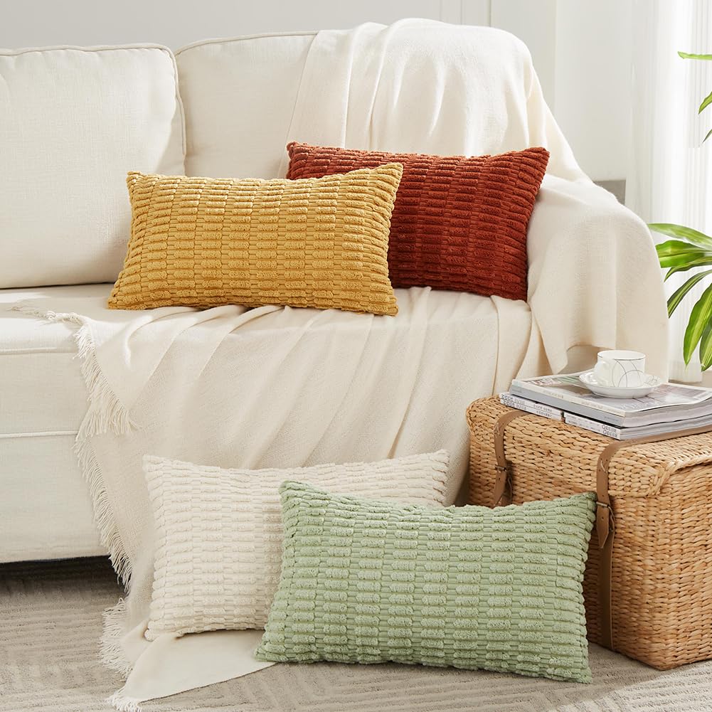 Fancy Homi 4 Packs Neutral Decorative Throw Pillow Covers 18x18 Inch for Living Room Couch Bed Sofa, Rustic Farmhouse Boho Home Decor, Soft Plush Striped Corduroy Square Cushion Case 45x45 cm