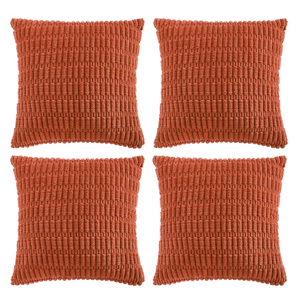 Fancy Homi 4 Packs Neutral Decorative Throw Pillow Covers 18x18 Inch for Living Room Couch Bed Sofa, Rustic Farmhouse Boho Home Decor, Soft Plush Striped Corduroy Square Cushion Case 45x45 cm